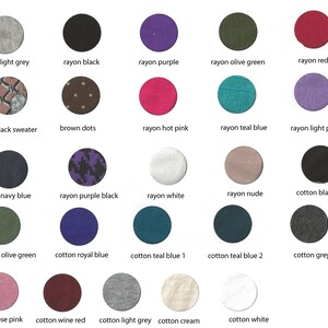 Puede incluir: Carta de muestras que muestra 20 colores y texturas de tela diferentes. Los colores incluyen gris claro, negro, morado, verde oliva, rojo, rosa intenso, azul turquesa, morado claro, azul marino, morado negro, blanco, nude, negro de algod&oacute;n, verde oliva, azul real, azul turquesa, gris, rosa claro, rojo vino, gris claro, crema y blanco.