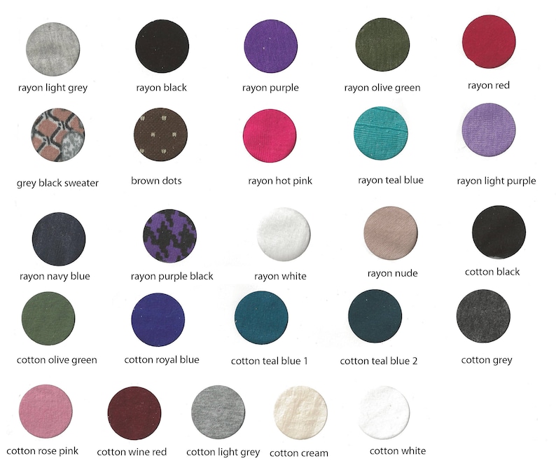 Puede incluir: Carta de muestras que muestra 20 colores y texturas de tela diferentes. Los colores incluyen gris claro, negro, morado, verde oliva, rojo, rosa intenso, azul turquesa, morado claro, azul marino, morado negro, blanco, nude, negro de algod&oacute;n, verde oliva, azul real, azul turquesa, gris, rosa claro, rojo vino, gris claro, crema y blanco.