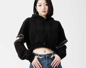 Volledig stijlvolle zwarte hoodie met uitsnijding - comfortabel Frans