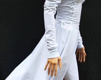 Off Shoulder High Low Dress: Lace-Up Long Sleeve Cotton Jersey Knit
