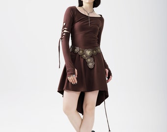 Feenhaftes Braunes Off-Shoulder Baumwoll Kleid | Langarm Damen Festival Kostüm