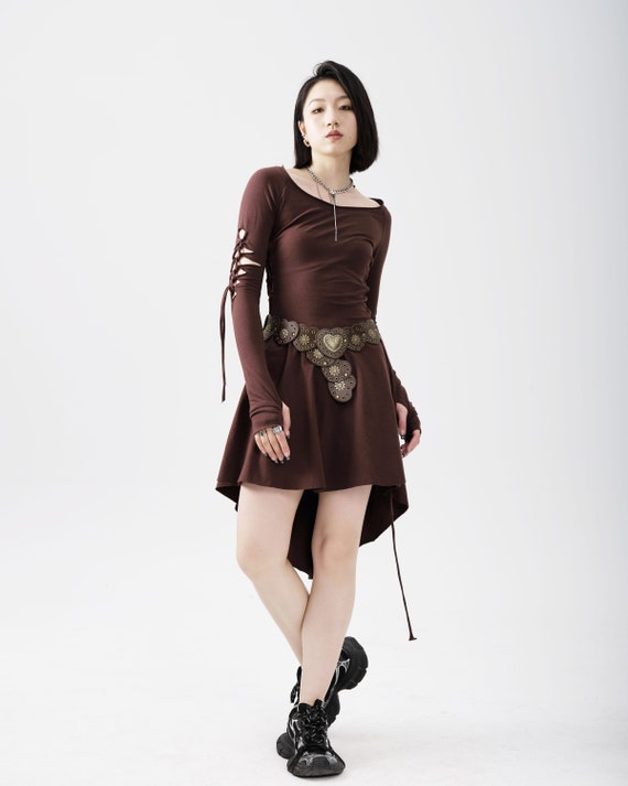 Fairy Brown Off-Shoulder Cotton Dress | Long Sleeve Women's Festival Costume