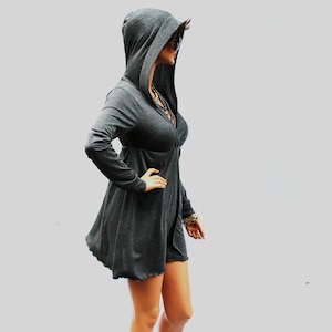Grey Hoodie Dress: Long Sleeve Cotton Blend, Empire Waist