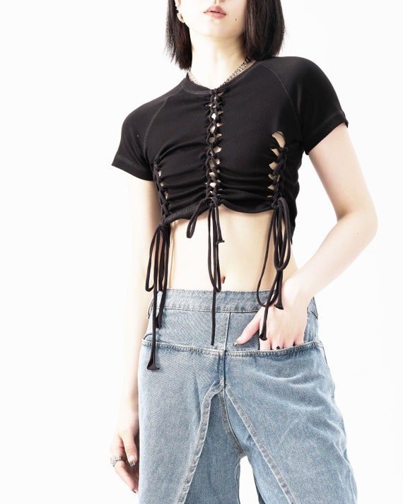 Cotton Crop top, Black top, Slit-weave top, fairy top, fairycore top, hippie clothes