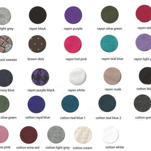 May include: Swatch card showing 20 different fabric colors and textures. The colors include light grey, black, purple, olive green, red, hot pink, teal blue, light purple, navy blue, purple black, white, nude, cotton black, olive green, royal blue, teal blue, grey, rose pink, wine red, light grey, cream, and white.