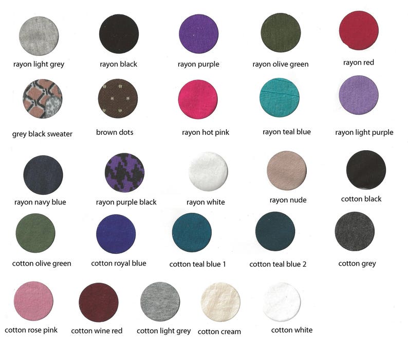 May include: Swatch card showing 20 different fabric colors and textures. The colors include light grey, black, purple, olive green, red, hot pink, teal blue, light purple, navy blue, purple black, white, nude, cotton black, olive green, royal blue, teal blue, grey, rose pink, wine red, light grey, cream, and white.
