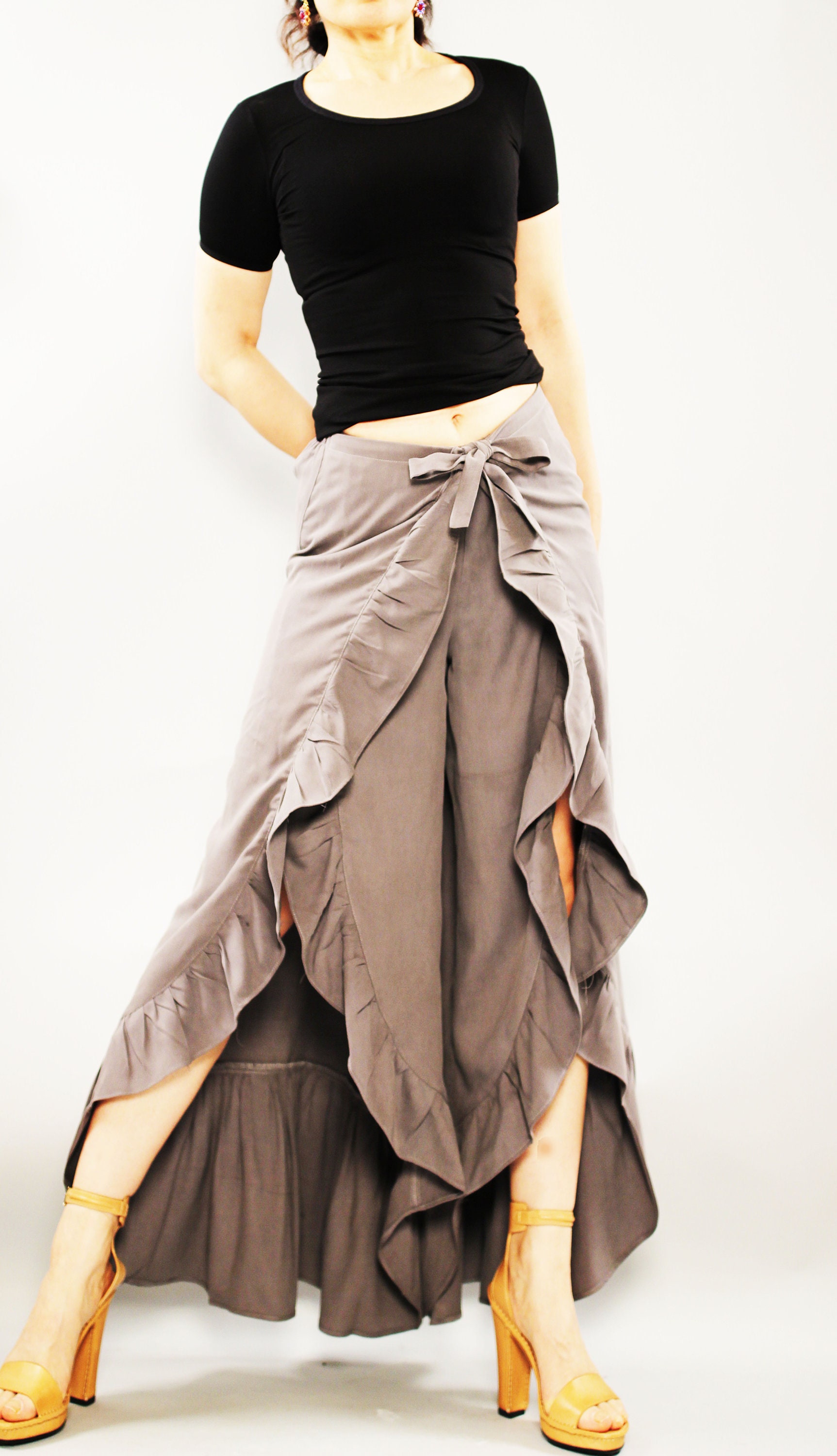 Gypsy skirt , Skirt Pants, ruffle pants, wrapped pants, silk wide leg pants