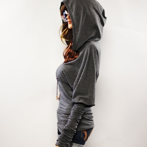 Women long sleeve hoodie top/ grunge style/ hipster style/ grey hooded tunic/ women tunic
