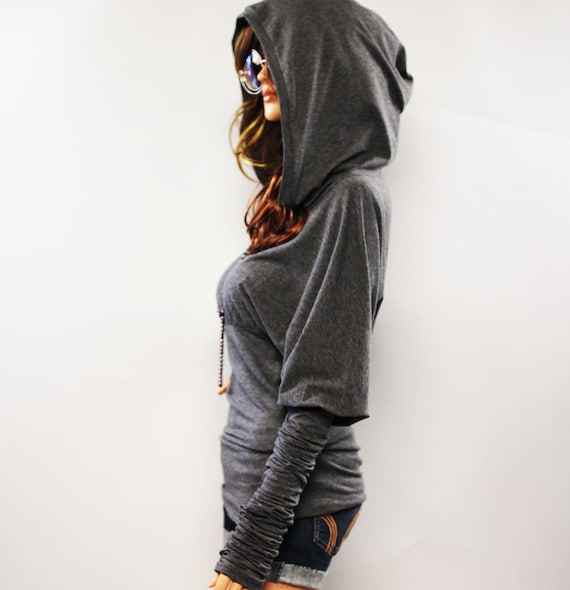 Women long sleeve hoodie top/ grunge style/ hipster style/ grey hooded tunic/ women tunic