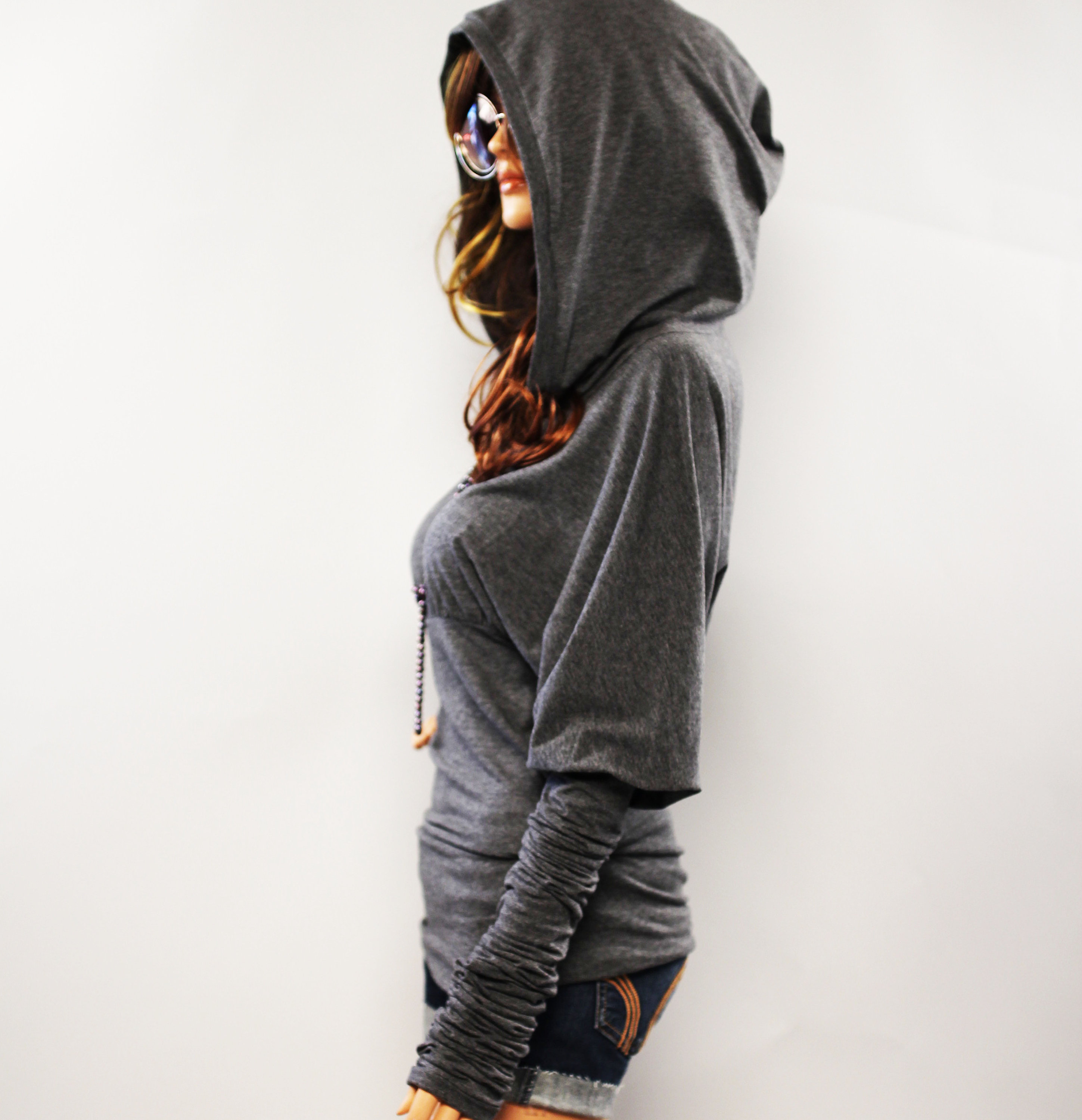 Women long sleeve hoodie top/ grunge style/ hipster style/ grey hooded ...