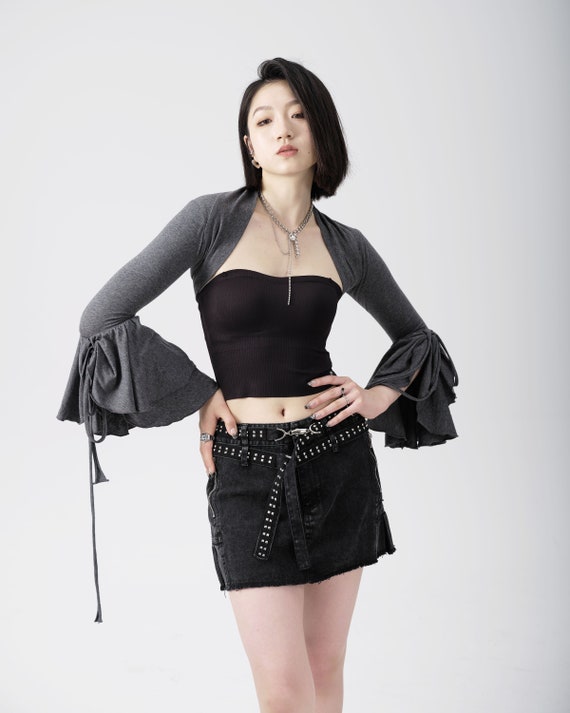 Grey Bell Sleeve Shrug - Y2K Bolero Cover Up