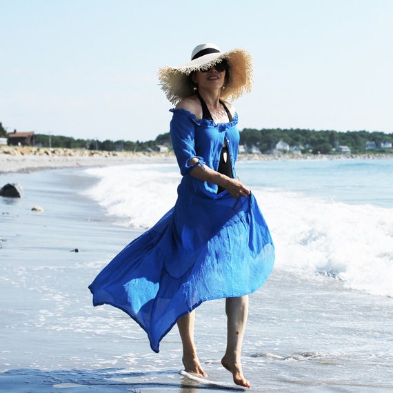Blue Silk Dress , Hippie Dress , Boho Dress swim coverup