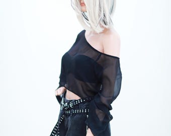 Asymmetrisches Seidentop - schiere schwarze Strandvertuschung - elegante und luftige Mode