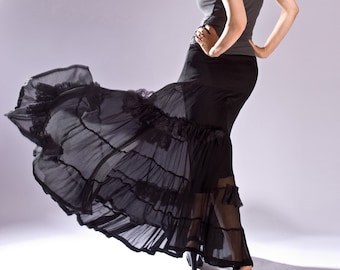 Gypsy maxi skirt , Black sheer skirt, elastic waist skirt, black silk skirts, handmade Silk skirt, ruffles silk skirt