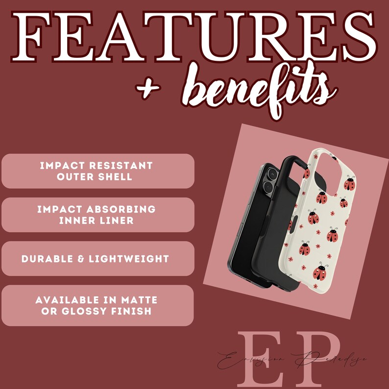 K&ouml;nnte beinhalten: Das Bild zeigt Handyh&uuml;llen mit dem Text "FEATURES + benefits". Eine H&uuml;lle ist schwarz, eine andere ist schwarz mit einem wei&szlig;en Marienk&auml;fermuster. Der Text hebt folgende Merkmale hervor: sto&szlig;feste Au&szlig;enschale, sto&szlig;absorbierende Innenverkleidung, langlebig und leicht, erh&auml;ltlich in matt oder gl&auml;nzend.