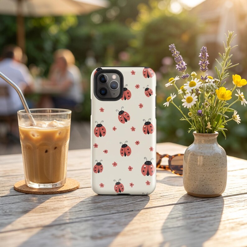 K&ouml;nnte beinhalten: Wei&szlig;es iPhone-Case mit einem sich wiederholenden Muster aus roten Marienk&auml;fern und kleinen roten Blumen. Das Case liegt auf einem Holztisch neben einem Glas Eiskaffee und einer kleinen Blumenvase.