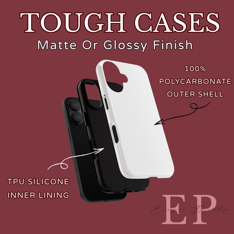 K&ouml;nnte beinhalten: Eine wei&szlig;e Handyh&uuml;lle mit mattem oder gl&auml;nzendem Finish, mit einem TPU-Silikon-Innenfutter und einer 100 % Polycarbonat-Au&szlig;enschale. Der Text "TOUGH CASES" und "Matte Or Glossy Finish" ist enthalten.