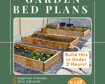 May include: DIY raised garden bed plans featuring three rectangular wooden planters on gravel. Text includes DIY RAISED GARDEN BED PLANS, Build this in Under 2 Hours!, Beginner Friendly, Only 3 Boards, Basic Tools, Step-by-Step Photos, Finished Size: 36" x 86" (16 Cubic Feet Capacity), U CAN BUILD THIS, and HANDYMAN DAN.