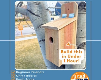 May include: A wooden birdhouse plan titled ONE PICKET BIRDHOUSE PLANS by Handyman Dan. The document features a photo of a natural wood birdhouse mounted on a tree, with text stating Build this in Under 1 Hour and a finished size of 16in x 6.5in x 5.5in.