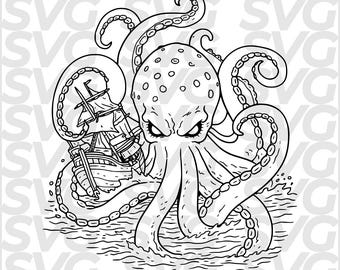 Kraken Ship Attack SVG DXF file | Sea Monster Kraken line art | Laser engraving file | Tentacle Ocean Monster | Laser cut CNC file