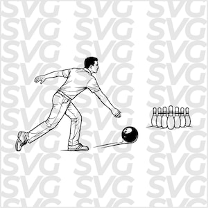 Op de afbeelding: Zwart-wit illustratie van een bowler in actie, halverwege de worp. De bowler draagt een shirt met korte mouwen en een broek. Een bowlingbal rolt naar een set kegels. De achtergrond is wit.