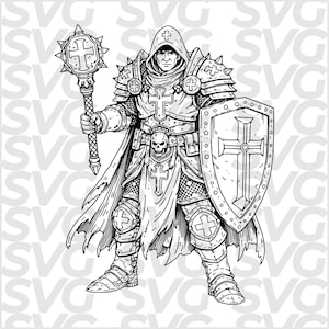 May include: Black and white illustration of a medieval knight in full armor, holding a spiked mace and a shield with a cross. The knight wears a hooded cloak and a belt with a skull buckle. The image is a detailed line drawing.