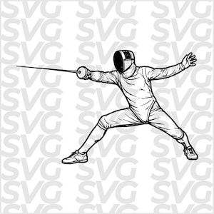 May include: Black and white illustration of a fencer in action, poised with a foil. The fencer is wearing protective gear, including a mask and uniform, and is in a dynamic pose with the foil extended.