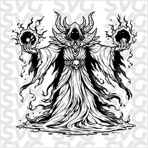 May include: A black and white illustration of a robed figure with a horned hood, holding two orbs of energy. The figure has a skull on its belt and is surrounded by swirling lines, creating a fantasy or gothic theme.