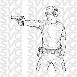 May include: Black and white line art illustration of a person aiming a handgun. The person is wearing safety glasses, ear protection, a t-shirt, jeans, and a belt with a holster. The image has an SVG watermark.