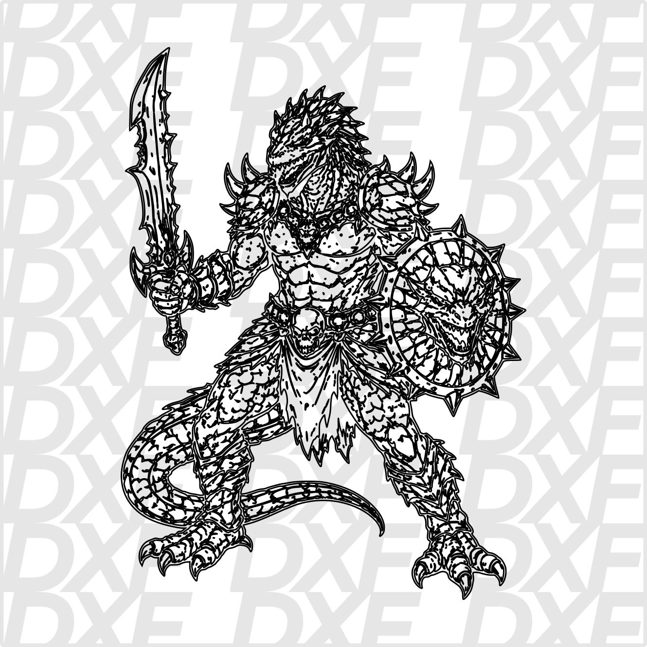 Lizard Dxf File Lizardman Warrior SVG DXF File | Lizard Warrior Line Art | Reptile ...