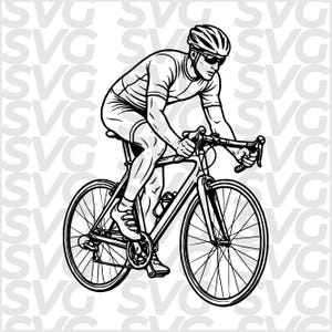 Pode incluir: Ilustração a preto e branco de um ciclista numa bicicleta de estrada. O ciclista usa capacete e óculos de sol, numa posição de corrida. A bicicleta tem guiador de estrada e pneus finos.