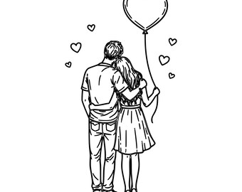Couple Love SVG DXF File | Couple with Heart Balloon Line Art | Romantic Love Symbol | Laser Engraving File | Laser Cut File