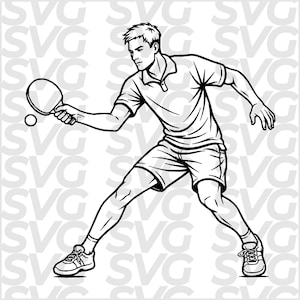 Könnte beinhalten: Schwarz-Weiß-Linienkunst-Illustration einer Person, die Tischtennis spielt. Die Person trägt Sporthosen, ein Poloshirt und Turnschuhe und hält einen Schläger und einen Ball.
