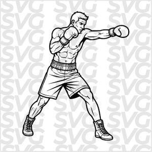 May include: Monochrome illustration of a boxer in action, throwing a punch. The boxer is depicted wearing boxing gloves, shorts, and boots. The image has a clean, graphic style, with the word "SVG" repeated in the background.