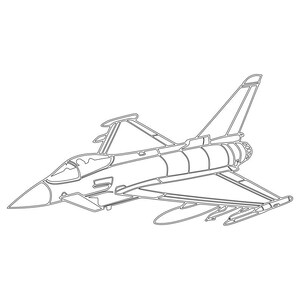 Könnte beinhalten: Schwarz-Weiß-Strichzeichnung eines Düsenjägers. Das Bild zeigt das Flugzeug im Profil, wobei die Flügel, das Heck und das Cockpit hervorgehoben werden. Das Design umfasst detaillierte Umrisse der Merkmale des Jets, geeignet zum Ausmalen oder für Designzwecke.