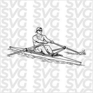 Könnte beinhalten: Schwarz-Weiß-Illustration einer Person, die ein Boot rudert. Der Ruderer, mit Kappe und Sonnenbrille, sitzt in einem langen, schmalen Boot. Die Ruder sind im Wasser, Wasserspritzer sind sichtbar.