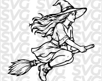 Witch SVG Halloween, Flying Witch DXF, Witch on Broom, Spooky Halloween Laser Cut File, CNC Engraving, Cricut Cut File