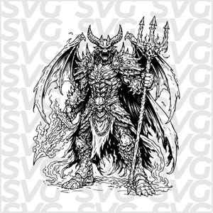 Könnte beinhalten: Detaillierte Schwarz-Weiß-Illustration einer dämonischen Figur. Der Dämon ist gepanzert, mit Hörnern, Flügeln und einem Dreizack. Er hält ein flammendes Schwert, und das Design umfasst Schädel und komplizierte Details.