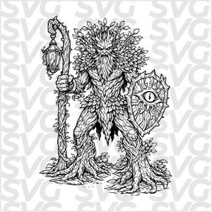 Pode incluir: Ilustração a preto e branco de uma figura semelhante a uma árvore, com cabeça e barba frondosas, segurando uma lanterna e um escudo. O escudo apresenta um design de olho. O corpo da figura é feito de madeira e folhas.