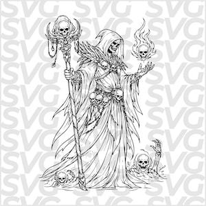 Könnte beinhalten: Schwarz-Weiß-Illustration einer gewandeten Skelettfigur, die einen Stab mit Totenköpfen hält. Das Bild zeigt einen flammenden Totenkopf und weitere Totenköpfe, mit einer gotischen oder Fantasy-Ästhetik.