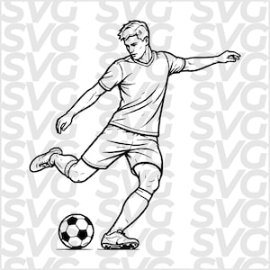Op de afbeelding: Zwart-wit illustratie van een voetballer die een bal schopt. De speler draagt een shirt, korte broek en voetbalschoenen. De bal is zwart en wit met vijf- en zeshoekige panelen.