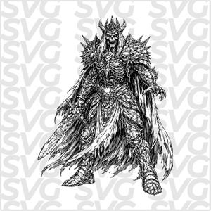 May include: A detailed black and white illustration of a skeletal king, wearing a crown and armor adorned with skulls. He holds a sword and is draped in a flowing cape. The artwork has a fantasy theme.