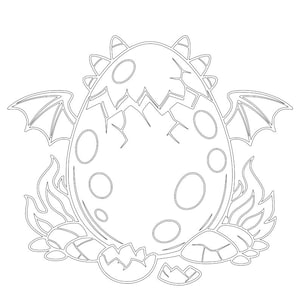 Könnte beinhalten: Schwarz-Weiß-Illustration eines schlüpfenden Dracheneis. Das Ei ist zerbrochen, mit Flügeln und Flammen, die es umgeben. Das Ei hat mehrere kreisförmige Muster auf seiner Oberfläche.