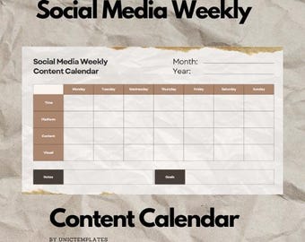 Puede incluir: Una plantilla de calendario de contenido semanal con los textos "Social Media Weekly" y "Content Calendar". Incluye secciones para tiempo, plataforma, contenido y elementos visuales, con espacios para cada día de la semana. Diseñado por UNICTEMPLATES.