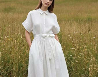 Scandinavian Linen Dress – Relaxed Fit White Midi Shirt Dress