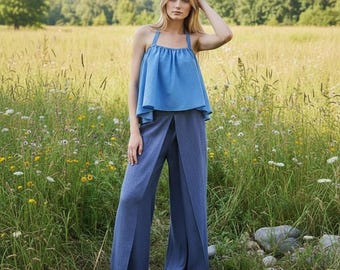 Blue Linen Wide Leg Pants, Relaxed Fit Trousers
