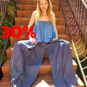 Linen Wide Leg Pants for Women, Relaxed trousers, Linen Loose fit Pants, Flowy Trousers, Blue Pants, Casual outfit, Stylish Vocation Outfit