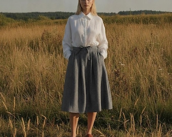 Women's Striped Linen Midi Skirt, Pleated A-Line Skirt with Pockets, Scandinavian Clothing, Minimalist Linen Fashion