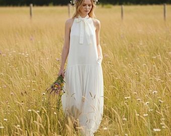 White linen bridal dress with bow, Boho wedding gown, Summer evening dress, Rustic wedding outfit