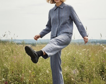 Linen suit in stripes, Blue linen outfit, Jacket and pants look, Casual two-piece set,